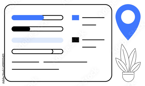 Dashboard including progress bars in blue, black, and gray, geolocation pin, and potted plant. Ideal for project management, task tracking, data visualization, workflow automation geolocation