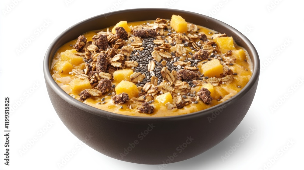 A fruit smoothie bowl topped with granola and chia seeds, isolated on a seamless white background, A fruit smoothie bowl topped with granola and chia seeds, isolated on a seamless white background,