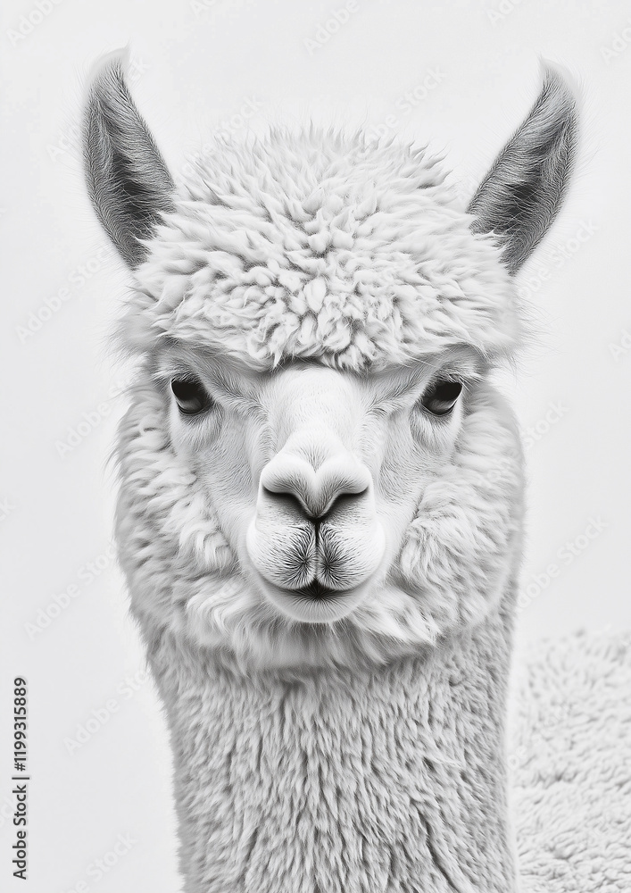 Obraz premium Close-up portrait of a fluffy white alpaca with detailed texture against a clean white background