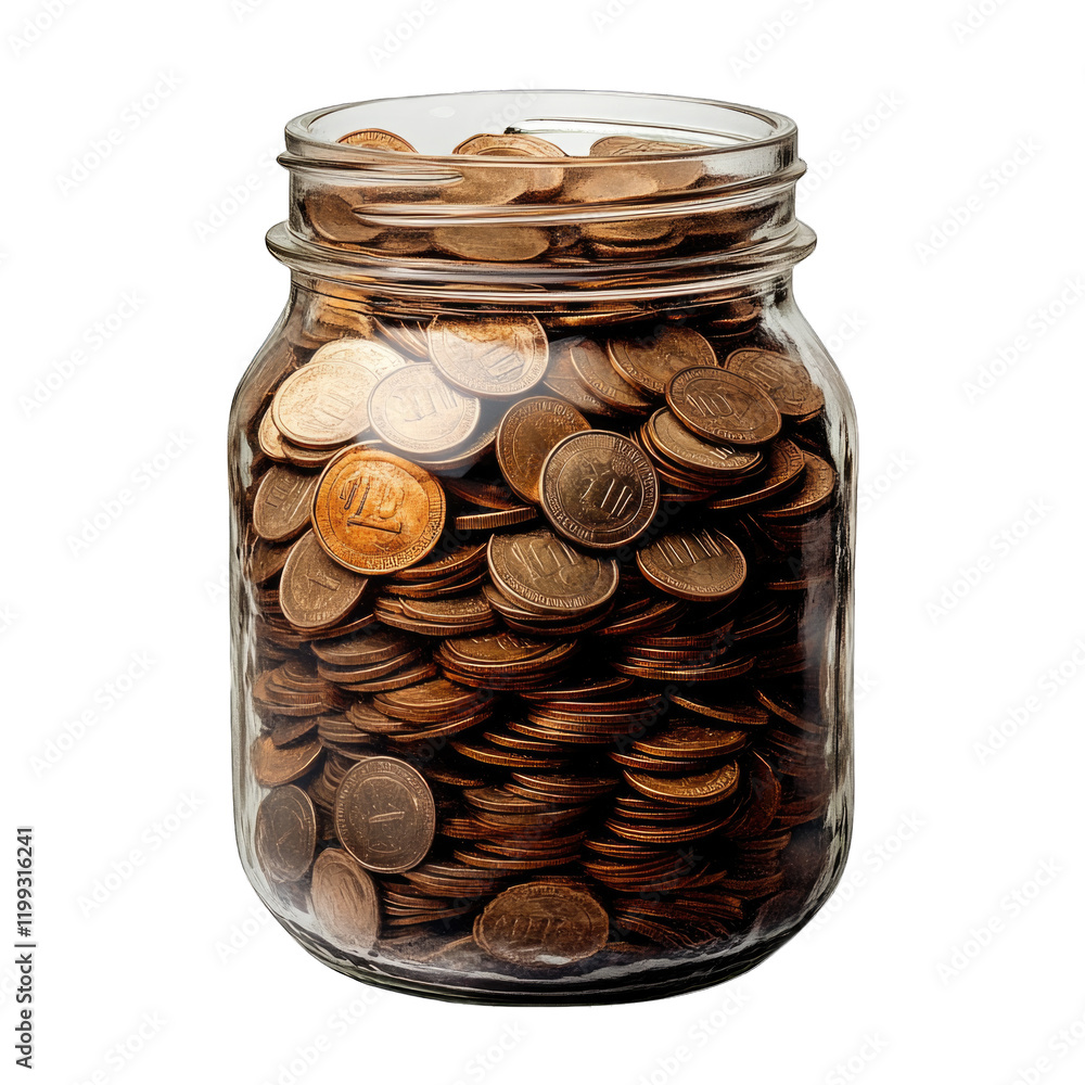 Jar filled with numerous copper coins isolated on transparent background, PNG Jar filled with numerous copper coins isolated on transparent background, PNG