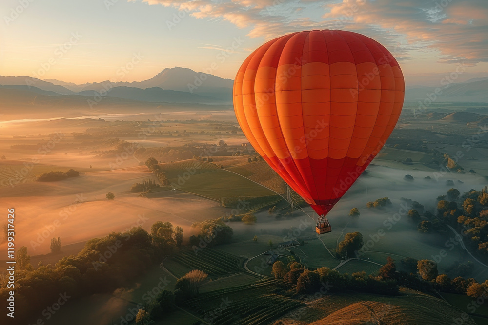 A vibrant heart-shaped hot air balloon floats gracefully above a peaceful valley, surrounded by rolling hills and soft morning light. The serene atmosphere enhances the beauty of nature. A vibrant heart-shaped hot air balloon floats gracefully above a peaceful valley, surrounded by rolling hills and soft morning light. The serene atmosphere enhances the beauty of nature.