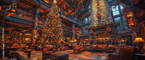 Festive Christmas lobby with large decorated tree and fireplace.