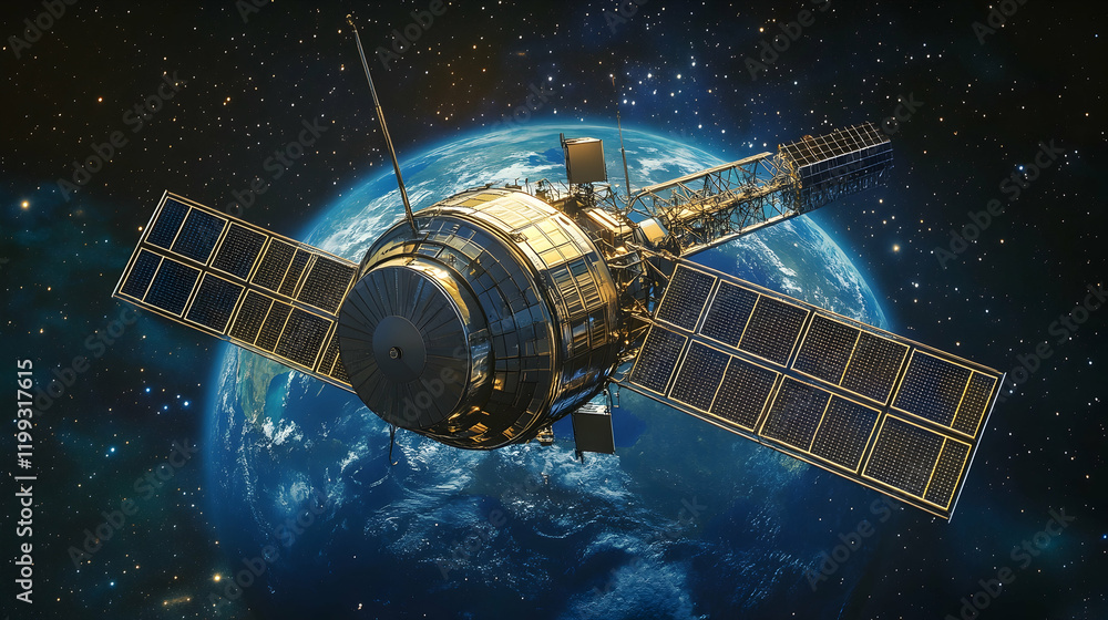 Fototapeta premium Satellite orbiting Earth, featuring detailed solar panels, antennas and Earth curvature visible against a clear starry outer space background