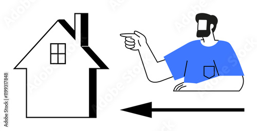 Man pointing at a house, black arrow underneath indicating direction. Ideal for navigation, real estate, home buying, moving, directions, guidance decision-making. Clean minimal design abstract