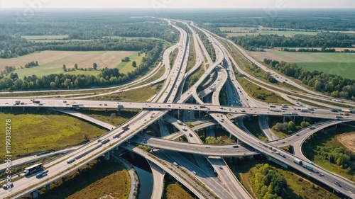 highway interchange seen from above, featuring multiple lanes of traffic, trucks, and cars navigating through intersecting roads in a green landscape