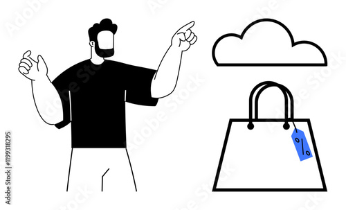 Man pointing upwards towards a cloud and a shopping bag with tags. Ideal for e-commerce, cloud storage, online shopping, digital marketing, sales promotion, technology, and retail businesses