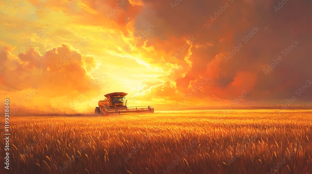 Fototapeta premium Golden Harvest Sunset Combine Harvester In Wheat Field