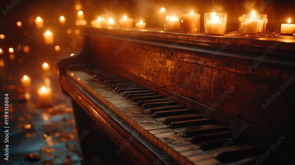 Old piano, candlelit ambiance, dimly lit room. Old piano, candlelit ambiance, dimly lit room.