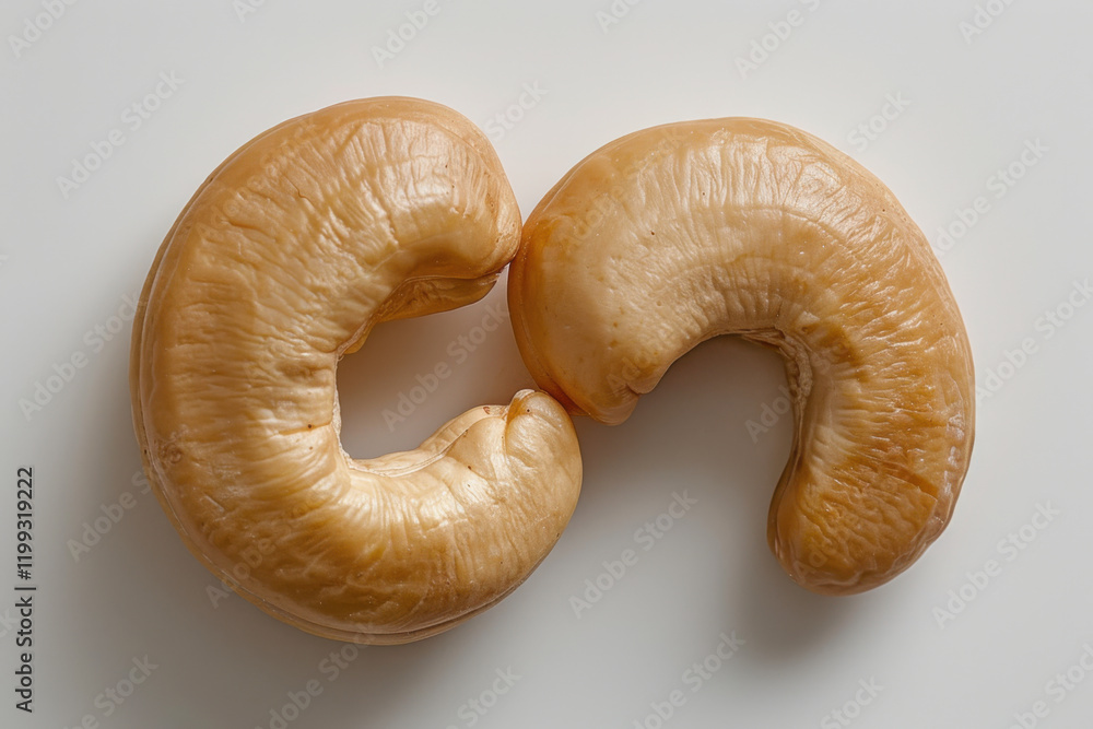 A single cashew sits in the center of a white background showcasing its distinctive curved shape and smooth surface. This nut is ready for culinary use or snacking. A single cashew sits in the center of a white background showcasing its distinctive curved shape and smooth surface. This nut is ready for culinary use or snacking.