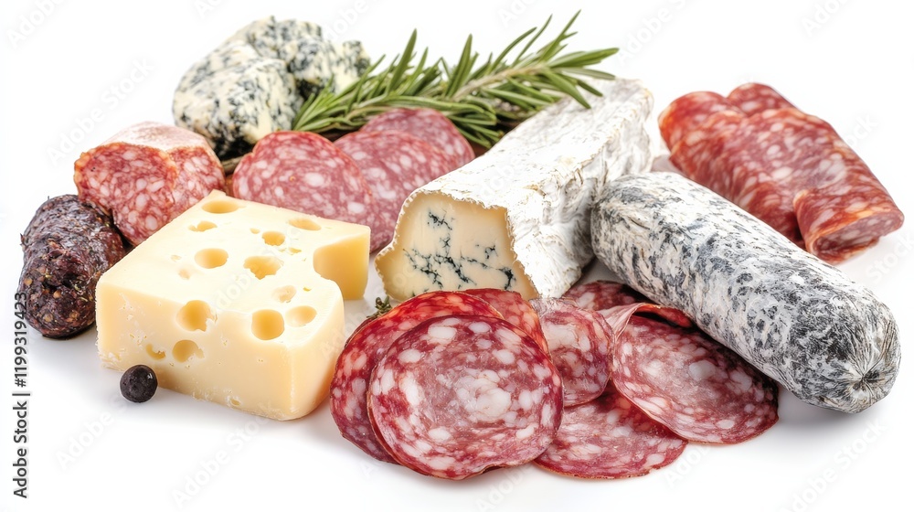 A gourmet platter of charcuterie with meats and cheeses, presented on a clean white background,