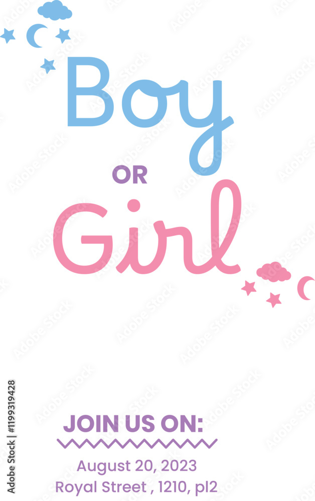 Fototapeta premium Poster for gender reveal party with baby stroller with text boy or girl. Vector illustration for card, , design, flyer, poster, banner