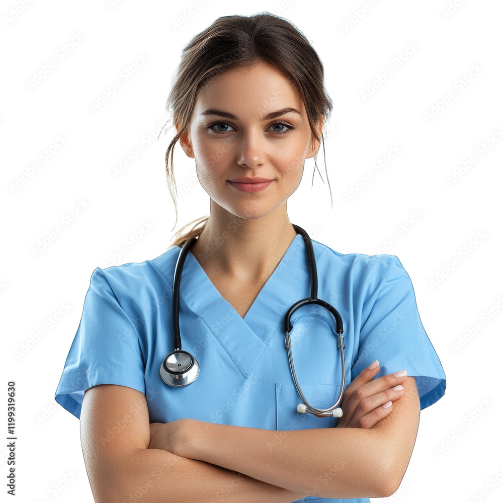 Confident female nurse in blue scrubs with stethoscope crossed arms isolated on transparent background, PNG Confident female nurse in blue scrubs with stethoscope crossed arms isolated on transparent background, PNG