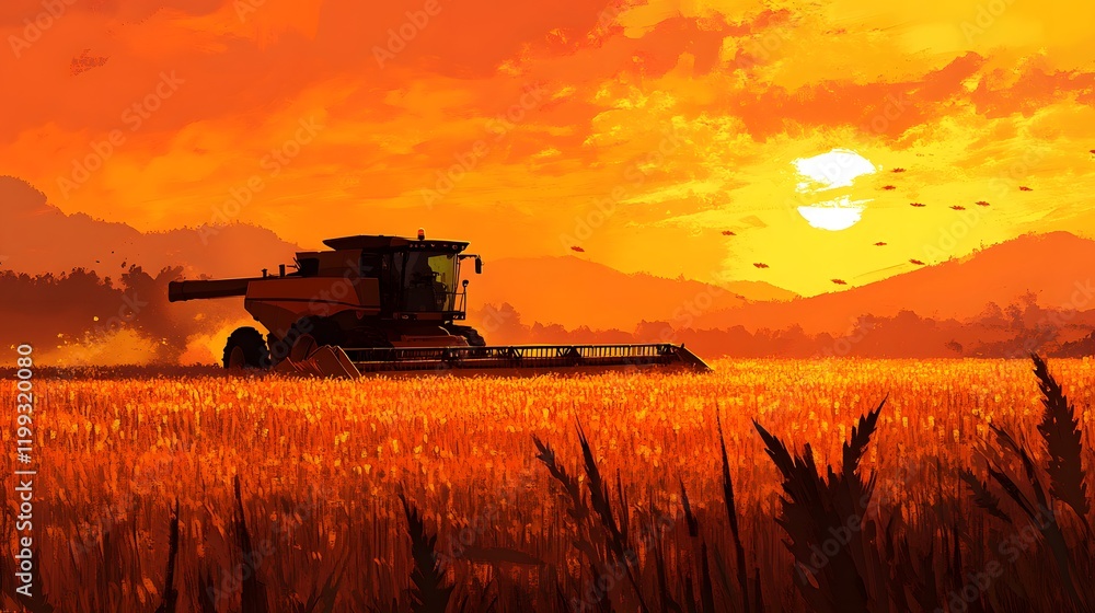 Fototapeta premium Combine Harvester Harvesting Wheat Field at Sunset