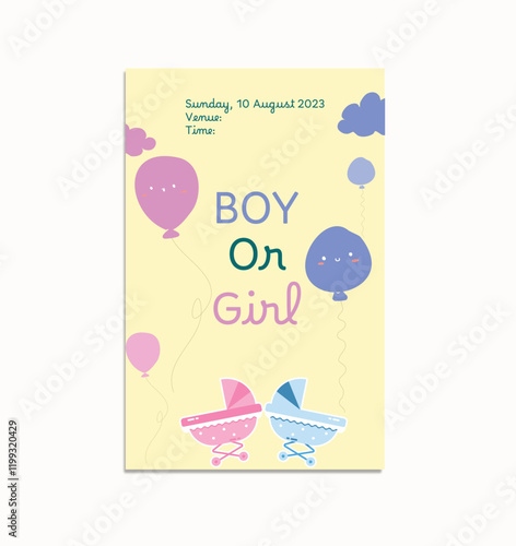 He or she. Boy or Girl. cartoon gender reveal invitation template.