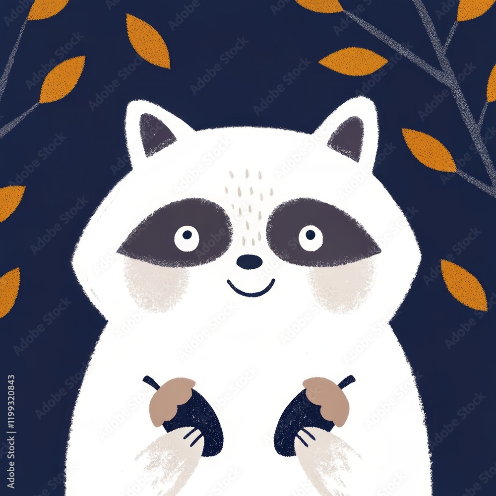 Fototapeta premium Cute raccoon holding acorns amidst autumn leaves.