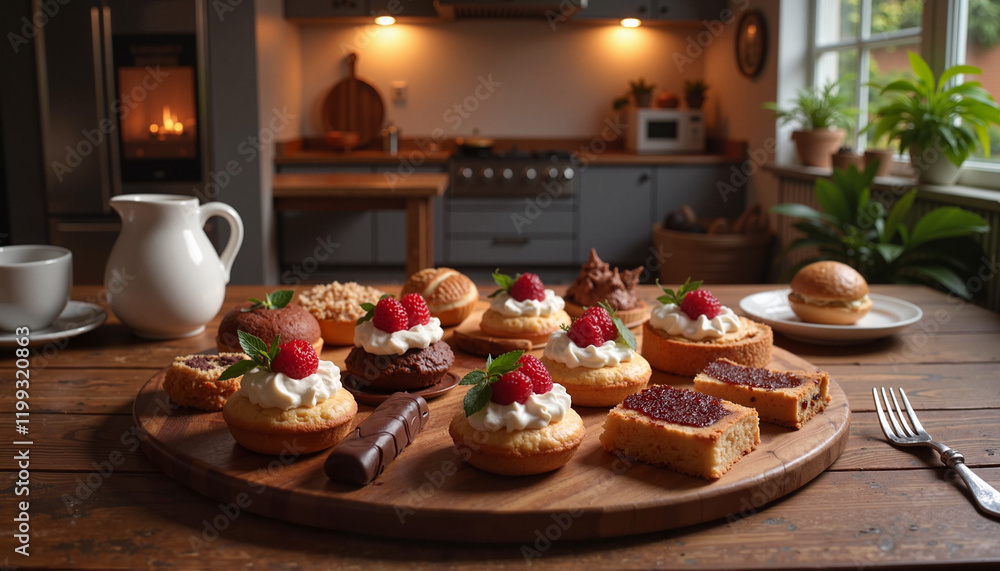 Fototapeta premium Assorted desserts on wooden table in cozy kitchen.