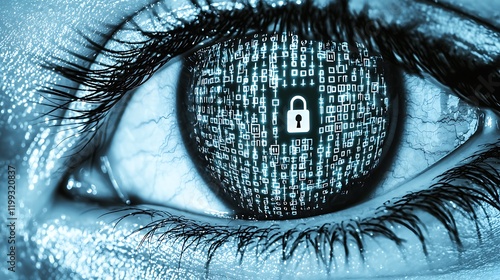 Futuristic concept of an eye glowing with encrypted code overlays and lock symbols, reflecting cyber protection themes photo