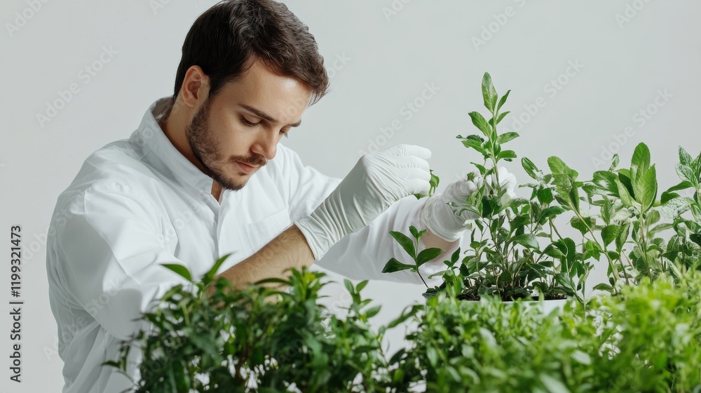 A greenhouse worker wearing gloves, carefully inspecting plants, isolated on a clean white backdrop, A greenhouse worker wearing gloves, carefully inspecting plants, isolated on a clean white backdrop,