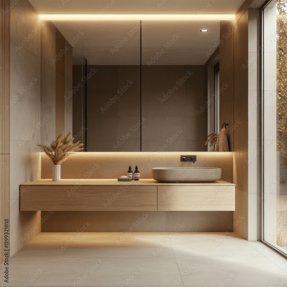 Fototapeta premium Modern Minimalist Bathroom Design With Stone Sink And Wood Vanity