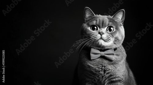 A cat with a bow tie sitting primly on a dark background photo