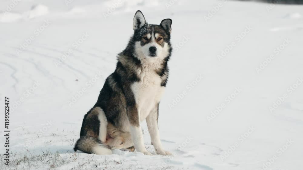 A single dog peers aside then glances at us amid snowy background A single dog peers aside then glances at us amid snowy background
