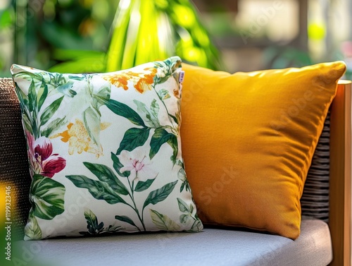 Close-up of two decorative cushions on a bench with outdoor foliage in the background photo