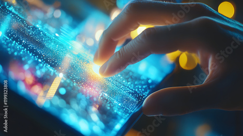 Futuristic Close-Up of a Hand Interacting with a Holographic Display Featuring Bright Blue Lights photo