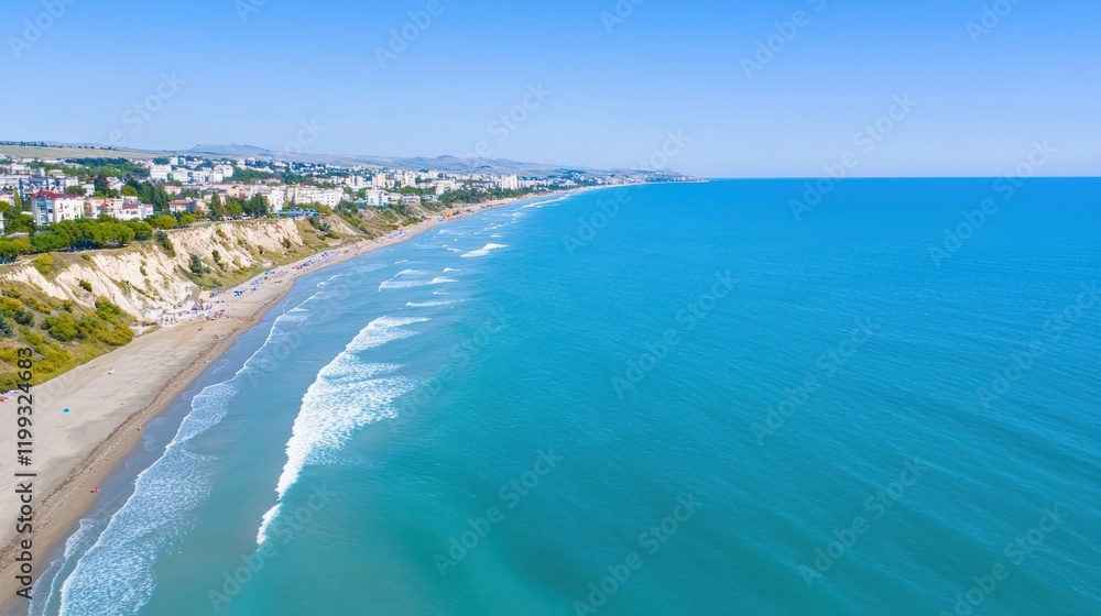 Fototapeta premium Aerial View of Sandy Beach and Azure Ocean