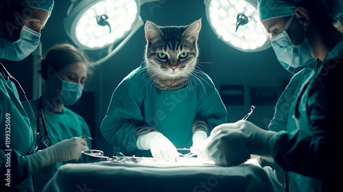 A humorous and lighthearted scene of a cat in an operating room, seemingly prepared for surgery in a veterinary clinic. The setting includes medical tools and a sterile environment
