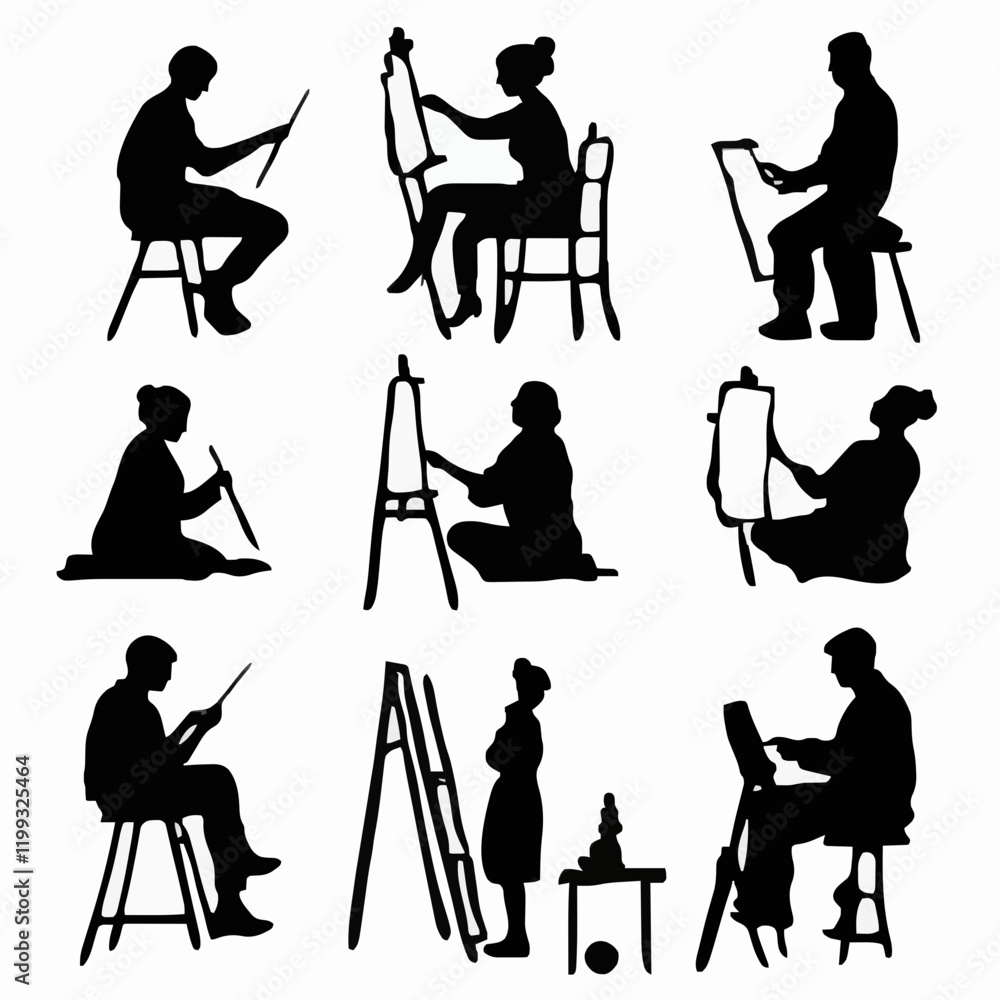 Obraz premium 10 black simple silhouette depictions of humans performing various professional activities on a white background