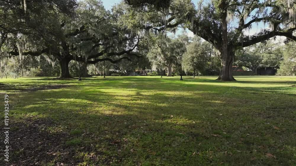 Drone view of Audubon Park in New Orleans low flying Drone view of Audubon Park in New Orleans low flying