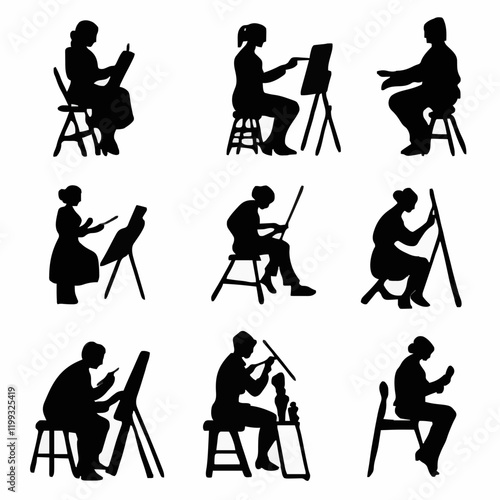 10 black simple silhouette depictions of humans performing various professional activities on a white background