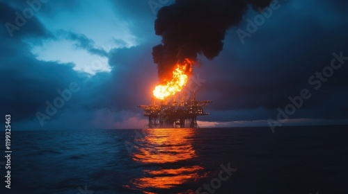 A large oil rig is on fire in the ocean photo