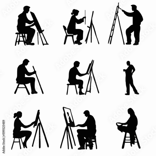 10 black simple silhouette depictions of humans performing various professional activities on a white background