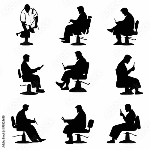 10 black simple silhouette depictions of humans performing various professional activities on a white background