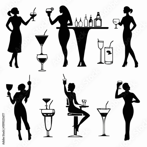 10 black simple silhouette depictions of humans performing various professional activities on a white background