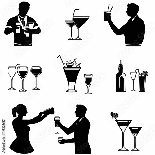 10 black simple silhouette depictions of humans performing various professional activities on a white background