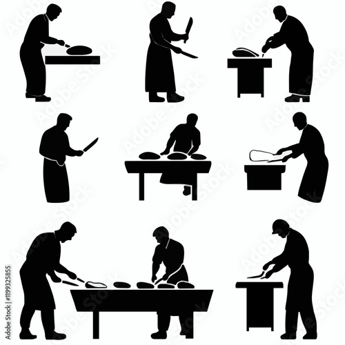 10 black simple silhouette depictions of humans performing various professional activities on a white background