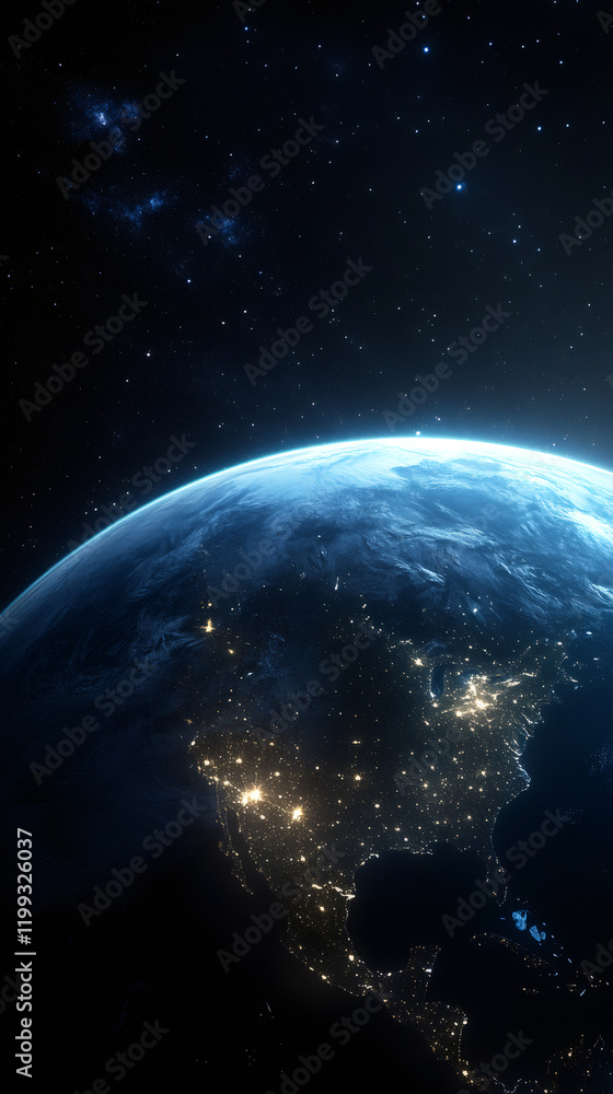 Fototapeta premium Earth rotating in space, showcasing city lights illuminating North America during the nighttime, revealing a stunning cosmic view