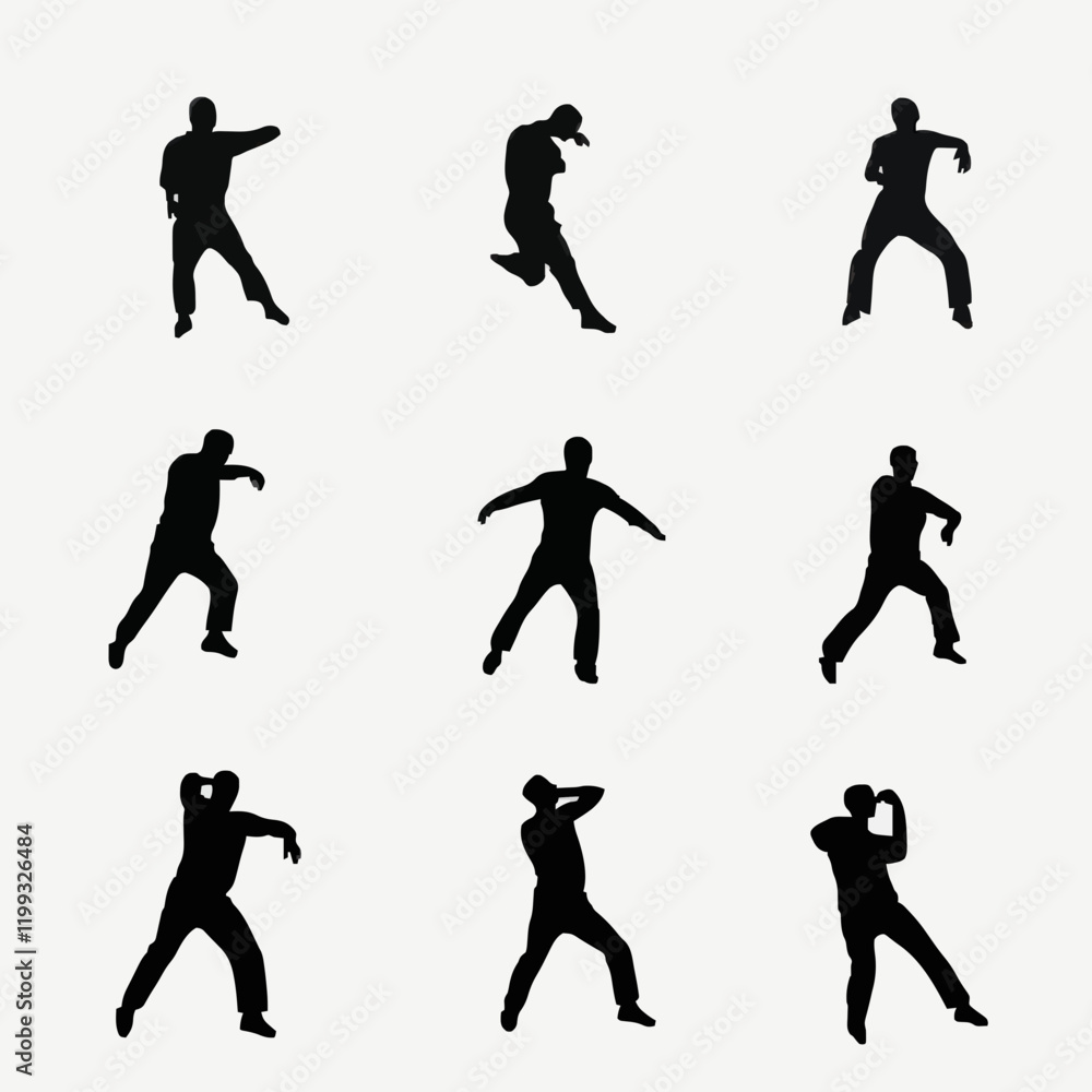 Naklejka premium 10 black simple silhouette depictions of humans performing various professional activities on a white background