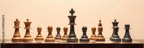 Close up of a chess board with the king piece in checkmate position, surrounded by defeated opponent pieces, intelligence, victory photo