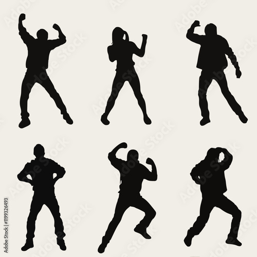 10 black simple silhouette depictions of humans performing various professional activities on a white background