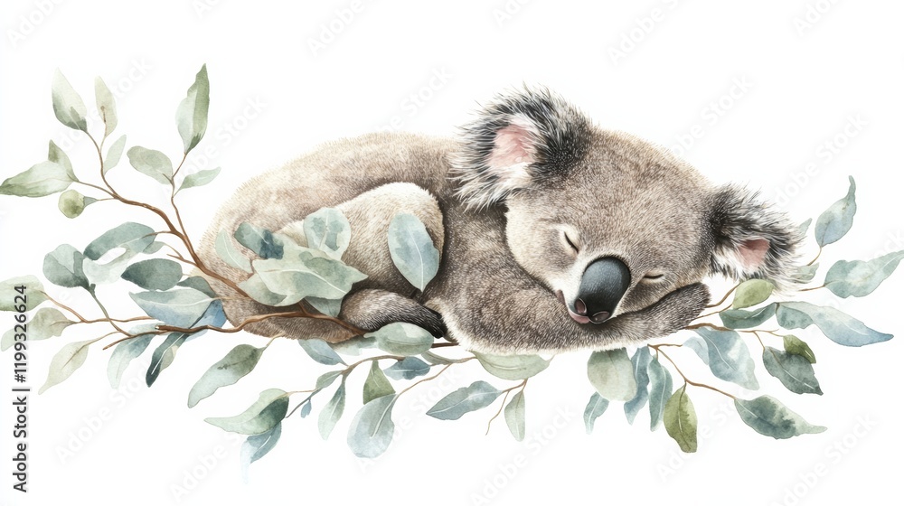 Obraz premium A koala gazing sleepily, clutching eucalyptus leaves, isolated on a seamless white background,