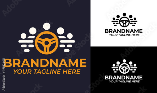 Community and Steering Wheel Logo Design Template for Carpooling, Transportation Services, and Automotive Businesses