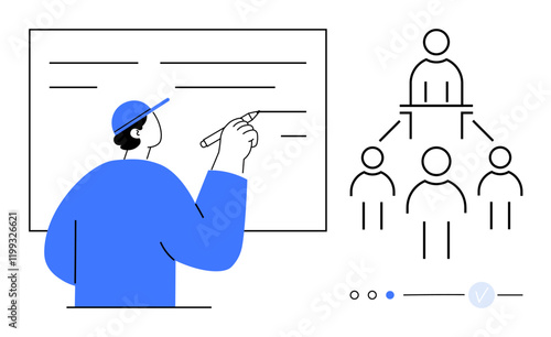 Person in blue shirt presenting at whiteboard, showing hierarchical structure of organization. Ideal for business training, leadership, team management, strategy planning, education, presentations