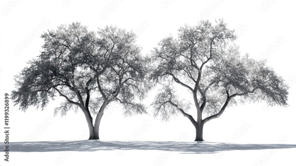 Obraz premium Two trees with detailed branches and leaves casting a shadow on a white background