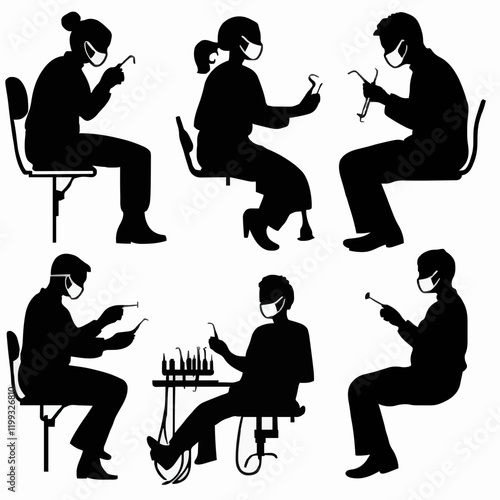 10 black simple silhouette depictions of humans performing various professional activities on a white background