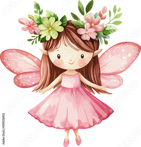 Cute Fairy In a Pink Dress Watercolor. Vector Illustration.