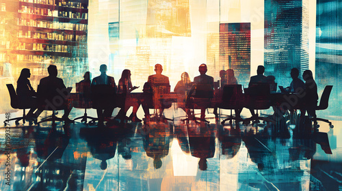 Professional executives in a glass-walled conference room brainstorming ideas during a sunset meeting photo