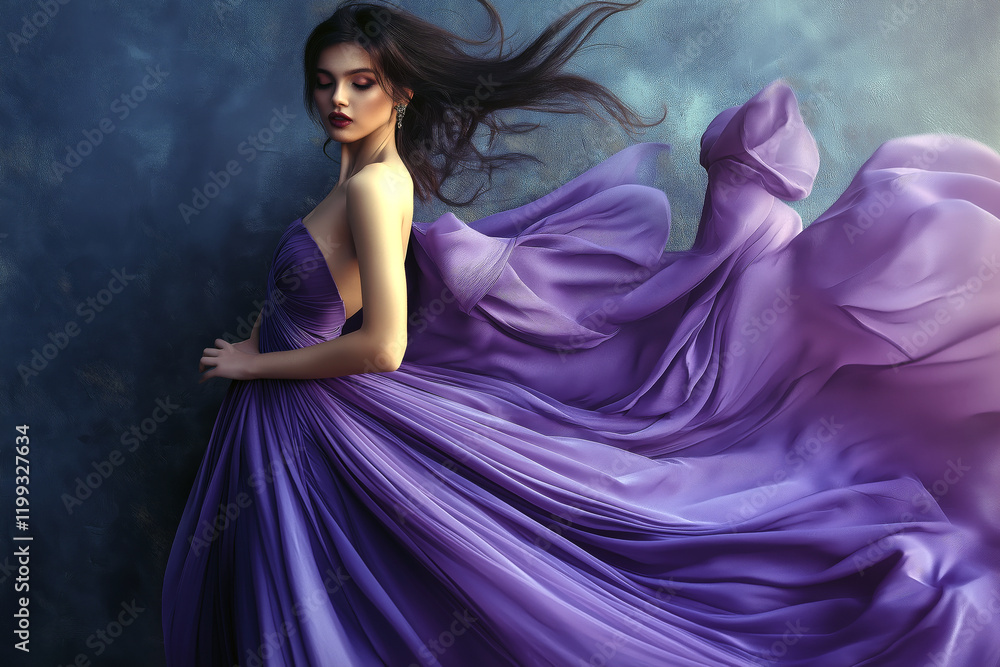 Fashionable eveningwear with a flowing amethyst lilac gown accented by subtle metallic details, moody lighting. Fashionable eveningwear with a flowing amethyst lilac gown accented by subtle metallic details, moody lighting.